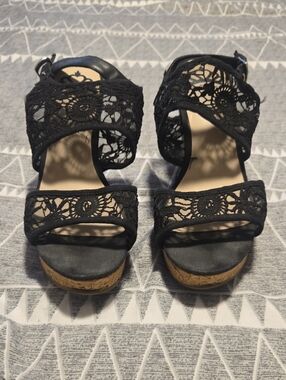 Fergalicious Black Lace Cork Wedge Sandals